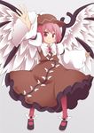  &gt;:) arm_up bird_wings dress frilled_dress frills hat jagabutter md5_mismatch mystia_lorelei pantyhose pink_hair short_hair smile solo touhou v-shaped_eyebrows wings 