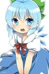  blue_eyes blue_hair blush bow cirno commentary_request hair_bow highres ice ice_wings looking_at_viewer ochazuke open_mouth short_hair signature simple_background solo touhou v_arms white_background wings 