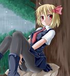  black_hair black_legwear blonde_hair forest hair_ornament hair_ribbon hairclip kirino_souya leaning_back nature necktie panties panties_under_pantyhose pantyhose rain red_eyes ribbon rumia sitting smile solo teenage touhou tree underwear 