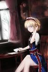  alice_margatroid bad_id bad_pixiv_id blonde_hair blue_eyes capelet cup dress dyolf hair_ornament hairband looking_at_viewer ribbon short_hair sitting solo teacup touhou 