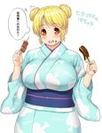  alternate_hairstyle banana blonde_hair blush breasts chocolate_banana double_bun ears food fruit headphones huge_breasts japanese_clothes kimono looking_at_viewer nitroplus open_mouth orange_eyes plump short_hair solo super_pochaco tsuji_santa yukata 