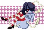  1girl bare_shoulders blue_skin blush breasts checkered covered_breasts hair_over_one_eye high_heels leviathan_(skullgirls) misaki_naoe red_eyes side_ponytail skullgirls squigly_(skullgirls) stitched_mouth striped striped_legwear zombie 