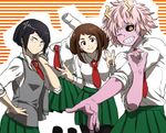  ;) ashido_mina bad_id bad_pixiv_id black_eyes black_hair black_legwear black_sclera boku_no_hero_academia brown_eyes brown_hair green_skirt grin hagakure_tooru invisible jirou_kyouka multiple_girls necktie one_eye_closed pantyhose pink_hair pleated_skirt plug purple_skin school_uniform short_hair skirt smile striped striped_background u.a._school_uniform uraraka_ochako yagiushi_(sinnpatilove) yellow_eyes 