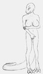  2015 3_toes amphibian anthro big_breasts big_tail breasts claws covering female kaya kwirkyturkey lizard looking_at_viewer nipples nude plain_background pose reptile scalie sketch smile solo standing toe_claws toes 