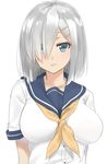  blue_eyes breasts hair_ornament hair_over_one_eye hairclip hamakaze_(kantai_collection) isshiki_(ffmania7) jpeg_artifacts kantai_collection large_breasts looking_at_viewer school_uniform serafuku short_hair short_sleeves silver_hair simple_background solo upper_body white_background 