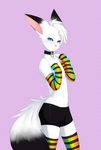  arm_warmers blue_eyes blush canine clothed clothing collar fennec fox fur girly half-dressed lazylogic legwear lehran male mammal navel pink_background plain_background solo stockings striped_legwear stripes topless white_fur 