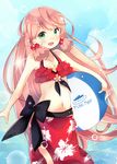  akashi_(kantai_collection) balloon bikini green_eyes hair_ribbon kantai_collection kurata_yumi long_hair looking_at_viewer open_mouth pink_hair puka_puka ribbon sarong smile solo swimsuit tress_ribbon very_long_hair 