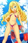  :d ass_visible_through_thighs bikini blonde_hair breasts colored_eyelashes drill_hair fukuouji_laura hand_on_hip highres innertube jewelpet_(series) jewelpet_magical_change long_hair looking_at_viewer micro_bikini navel open_mouth small_breasts smile solo swimsuit water zasshu_nigou 