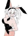  breasts bunny_tail bunnysuit dark_skin glasses hands_on_hips ikeshita_moyuko kantai_collection large_breasts monochrome musashi_(kantai_collection) necktie pantyhose pointy_hair short_hair solo tail two_side_up white_hair wrist_cuffs 