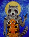  anthro clothing fur guardians_of_the_galaxy halo looking_at_viewer male mammal marvel open_mouth raccoon rocket_raccoon suttar teeth traditional_media_(artwork) watercolor_(artwork) 