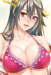  bare_shoulders bikini black_hair blue_eyes breasts brown_eyes collarbone haruna_(kantai_collection) headgear highres kantai_collection large_breasts long_hair open_mouth red_bikini solo swimsuit upper_body zucchini 