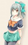  aqua_skirt bangs bow bowtie brown_eyes crop_top grey_hair hair_bow kantai_collection kubyou_azami long_hair pantyhose pleated_skirt ponytail school_uniform serafuku short_sleeves skirt smile solo thighband_pantyhose yuubari_(kantai_collection) 