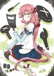  absurdres akashi_(kantai_collection) bandaid bandaid_on_face bolt ge_ma green_eyes hair_ribbon highres hip_vent kantai_collection long_hair looking_at_viewer open_mouth pink_hair ribbon school_uniform screwdriver serafuku sitting skirt solo thighhighs tress_ribbon very_long_hair wariza welding_mask 