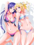  arm_up armpits ayase_eli bikini blonde_hair blue_eyes breasts cleavage green_eyes heart large_breasts looking_at_viewer love_live! love_live!_school_idol_project medium_breasts midriff multiple_girls navel ponytail puckered_lips purple_hair saojou scrunchie swimsuit toujou_nozomi twintails 