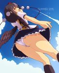  ass bird_wings black_hair black_wings blue_sky blush cloud condensation_trail day dominico from_below hat hat_ribbon highres looking_at_viewer panties pointy_ears pom_pom_(clothes) puffy_short_sleeves puffy_sleeves red_eyes ribbon shameimaru_aya shirt short_sleeves skirt skirt_lift sky solo tokin_hat touhou underwear upskirt white_panties wings 
