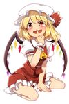  ascot blonde_hair bow commentary fang finger_to_mouth flandre_scarlet hat hat_bow highres looking_at_viewer ochazuke open_mouth red_eyes short_hair short_sleeves shushing simple_background sitting skirt slit_pupils solo touhou wariza wings wrist_cuffs 