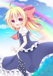  blonde_hair blue_sky closed_umbrella cloud esureki fang hair_ribbon looking_at_viewer open_mouth puffy_short_sleeves puffy_sleeves rainbow red_eyes ribbon rumia shirt short_sleeves skirt skirt_set sky smile solo touhou umbrella vest 