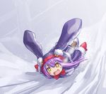  1girl animal_hat blush_stickers bunny_hat emil_chronicle_online happy hat kasuga_yukihito lying mittens on_stomach open_mouth pantyhose pepen_alma purple_hair sliding snow solo winter_clothes yellow_eyes 