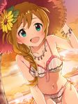  aqua_eyes baba_konomi bad_id bad_pixiv_id beach bikini blonde_hair braid breasts flower frilled_bikini frills hair_flower hair_ornament hand_on_headwear hat highres idolmaster idolmaster_million_live! leaning_forward long_hair looking_at_viewer medium_breasts navel open_mouth outdoors restaint smile solo straw_hat sun_hat sunset swimsuit 