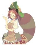  animal_ears bell blush_stickers brown_eyes brown_hair dress futatsuiwa_mamizou glasses gourd highres kiseru layered_dress leaf leaf_on_head looking_away looking_to_the_side morino_hon notebook open_mouth pipe raccoon_ears raccoon_tail short_hair short_sleeves simple_background smile solo string tail touhou white_background 