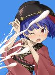  blush bowl bowl_hat commentary_request hat highres japanese_clothes kefir kimono kuro_oolong open_mouth purple_hair red_eyes sash sexually_suggestive short_hair solo suggestive_fluid sukuna_shinmyoumaru touhou 