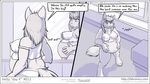  2015 anthro belly big_belly big_breasts breasts canine claws clothed clothing comic dialogue english_text faf female hand_on_belly hetty mammal monochrome nipples speech_bubble teeth text translucent underwear wolf 