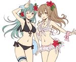  alternate_costume aqua_hair ball beachball bikini black_bikini brown_eyes brown_hair flower garters hair_flower hair_ornament hairclip heart heart_lock_(kantai_collection) hibiscus jewelry kantai_collection kumano_(kantai_collection) long_hair looking_at_viewer madogawa midriff multiple_girls navel necklace one_eye_closed pearl_necklace ponytail salute scrunchie smile suzuya_(kantai_collection) swimsuit white_background white_bikini wrist_scrunchie 