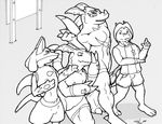  anthro black_and_white clothing comic digimon dragon dragoneer drakemohkami inflation lucario male monochrome nintendo pok&eacute;mon video_games 