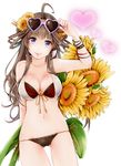  ahoge akatsuki_hijiri bikini bracelet brown_hair double_bun eyewear_on_head flower front-tie_top hairband halterneck heart heart-shaped_eyewear jewelry kantai_collection kongou_(kantai_collection) long_hair looking_at_viewer lowleg lowleg_bikini navel purple_eyes shiny shiny_skin side-tie_bikini skindentation smile solo sunflower sunglasses swimsuit 