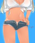  aqua_nails arm_behind_back blonde_hair blue_background breasts cleavage close-up commentary cowboy_shot cutoffs denim denim_shorts hand_on_hip head_out_of_frame large_breasts long_hair midriff mole nail_polish navel nekoume no_panties open_fly original shirt short_shorts shorts simple_background sleeves_rolled_up solo tan tanline tied_shirt unbuttoned unzipped 