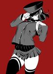  akitsu_maru_(kantai_collection) arched_back bad_id bad_pixiv_id black_hat black_skirt contrapposto cowboy_shot gloves hair_between_eyes hat head_tilt highres hohehohe kantai_collection looking_at_viewer military military_uniform monochrome peaked_cap pleated_skirt red_background short_hair simple_background skirt solo standing thighhighs uniform 