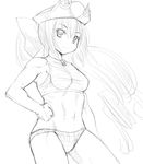  breasts character_request greyscale hand_on_hip hat kasuga_yukihito long_hair monochrome sketch small_breasts solo swimsuit tankini zipper 