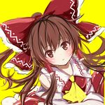  ascot bad_id bad_pixiv_id blush bow brown_eyes brown_hair chako_(chakoxxx) collarbone detached_sleeves hair_bow hair_tubes hakurei_reimu highres large_bow long_hair looking_at_viewer messy_hair parted_lips portrait simple_background sketch solo touhou yellow_background 