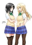  2girls :d alternate_costume atago_(kantai_collection) black_hair black_legwear blonde_hair bow bowtie breasts brown_eyes contemporary contrapposto cosplay crossed_arms dated from_side green_eyes hair_between_eyes hand_on_hip highres kantai_collection look-alike looking_at_viewer love_live! love_live!_school_idol_project medium_breasts multiple_girls open_mouth otonokizaka_school_uniform pantyhose plaid plaid_skirt pleated_skirt school_uniform signature simple_background skirt smile standing sweater_vest tachibana_roku takao_(kantai_collection) thighhighs white_background zettai_ryouiki 