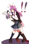  2girls animal_ears black_legwear blazer blue_eyes bunny_ears commentary_request extra_ears full_body hairband highres hug jacket kneehighs konpaku_youmu loafers long_hair looking_at_another multiple_girls ochazuke purple_hair red_eyes reisen_udongein_inaba shoes short_hair silver_hair skirt standing touhou 