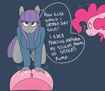  2015 anthro anthrofied big_breasts breasts clothed clothing dialogue duo earth_pony english_text equine fan_character female friendship_is_magic fur grey_body hair horse long_hair mammal maud_pie_(mlp) my_little_pony navel pink_body pink_hair pinkie_pie_(somescrub) pony purple_hair sibling sisters somescrub text 