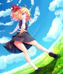  blonde_hair blue_sky cloud day fisheye grass hair_ribbon legs long_sleeves oimo_(imoyoukan) open_mouth outdoors pink_eyes ribbon rumia shirt skirt skirt_set sky smile solo touhou upskirt vest 