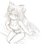  animal_ears bat_wings breasts cat_ears character_request cleavage greyscale hair_ornament hair_ribbon kasuga_yukihito long_hair looking_at_viewer low_wings medium_breasts monochrome one-piece_swimsuit ribbon sitting sketch solo swimsuit wings 