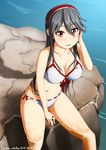  artist_name bikini black_hair breasts cleavage dated front-tie_top hairband haruna_(kantai_collection) highres kama_iruka kantai_collection large_breasts long_hair looking_at_viewer parted_lips red_eyes ribbon-trimmed_bikini ribbon_trim rock side-tie_bikini signature sitting smile soaking_feet solo swimsuit water 