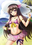  :d armlet bikini bikini_skirt blush bracelet brown_hair choker cloud cowboy_shot day flat_chest hair_between_eyes hair_ornament hat jewelry kantai_collection kisaragi_(kantai_collection) long_hair looking_at_viewer navel necklace open_mouth palm_tree purple_bikini purple_eyes ribbon shibata_rai sky smile solo sun_hat swimsuit thigh_ribbon tree very_long_hair 