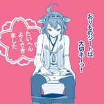  ahoge detached_sleeves double_bun headgear highres kantai_collection kongou_(kantai_collection) long_hair menstrual_pad nontraditional_miko panties panty_pull pink_background simple_background sitting skirt skirt_pull smile solo thighhighs tocky toilet toilet_use translated underwear 
