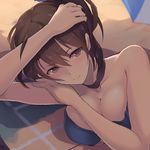  beach bikini blue_bikini breasts brown_eyes brown_hair choker cleavage collarbone dyson_(edaokunnsaikouya) hand_on_own_head hand_on_own_shoulder kaga_(kantai_collection) kantai_collection large_breasts light_smile long_hair looking_at_viewer lying md5_mismatch on_side shadow side_ponytail solo swimsuit umbrella underboob 