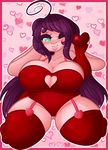  &lt;3 abstract_background anthro big_breasts blush breasts camel_toe cleavage clothed clothing elbow_gloves female gloves green_eyes hair lagomorph legwear lingerie mammal one_eye_closed pose purple_hair rabbit sitting solo tehbuttercookie thick_thighs thigh_highs voluptuous wide_hips 