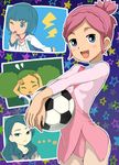  ball bangs blowing_whistle blue_eyes blue_hair blush closed_eyes commentary_request cowboy_shot earth_eleven frown green_hair highres inazuma_eleven_(series) inazuma_eleven_go inazuma_eleven_go_galaxy jacket leotard lightning_bolt long_hair mizukawa_minori morimura_konoha multiple_girls nozaki_sakura one_eye_closed open_clothes open_jacket open_mouth pink_hair pink_leotard short_hair soccer_ball soccer_uniform sorano_aoi sportswear star telstar upper_body wakusei_hakai_otoko whistle 