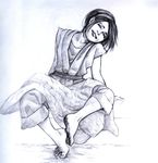  avatar:_the_last_airbender avatar_(series) barefoot batang-gala blanket capri_pants chinese_clothes closed_eyes dirty_feet feet greyscale hair_bun head_tilt highres monochrome pants pen_(medium) robe sketch smile soles toes toph_bei_fong traditional_media 