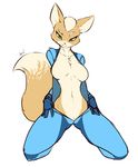  ace_windham anthro breasts canine crossgender eyelashes female fox fox_mccloud green_eyes looking_at_viewer mammal navel nintendo plain_background smile solo star_fox video_games zero_suit_fox 