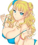  bad_source bikini blonde_hair blue_bikini bracelet breasts cleavage collarbone covered_nipples earrings galko hair_bun hairband jewelry large_breasts long_hair looking_at_viewer necklace oshiete!_galko-chan side_ponytail simple_background smile solo st.germain-sal swimsuit white_background 