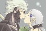  1girl cyborg ear_protection flower grey_background hair_flower hair_ornament headphones headphones_around_neck headset kiss koryuu_(gackter10) long_hair metal_gear_(series) metal_gear_rising:_revengeance nose_kiss raiden short_hair silver_hair sunny_gurlukovich 