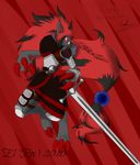  2015 armor canine digital_media_(artwork) el&#039;roc english_text eyewear glasses male mammal melee_weapon nintendo pok&eacute;mon rpg_(disambiguation) semi-anthro sol solo sword text video_games weapon zoroark 