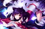  ahri animal_ears detached_sleeves fox_ears fox_tail korean_clothes league_of_legends long_hair looking_at_viewer nail_polish orange_eyes parted_lips purple_hair solo squchan tail top-down_bottom-up 